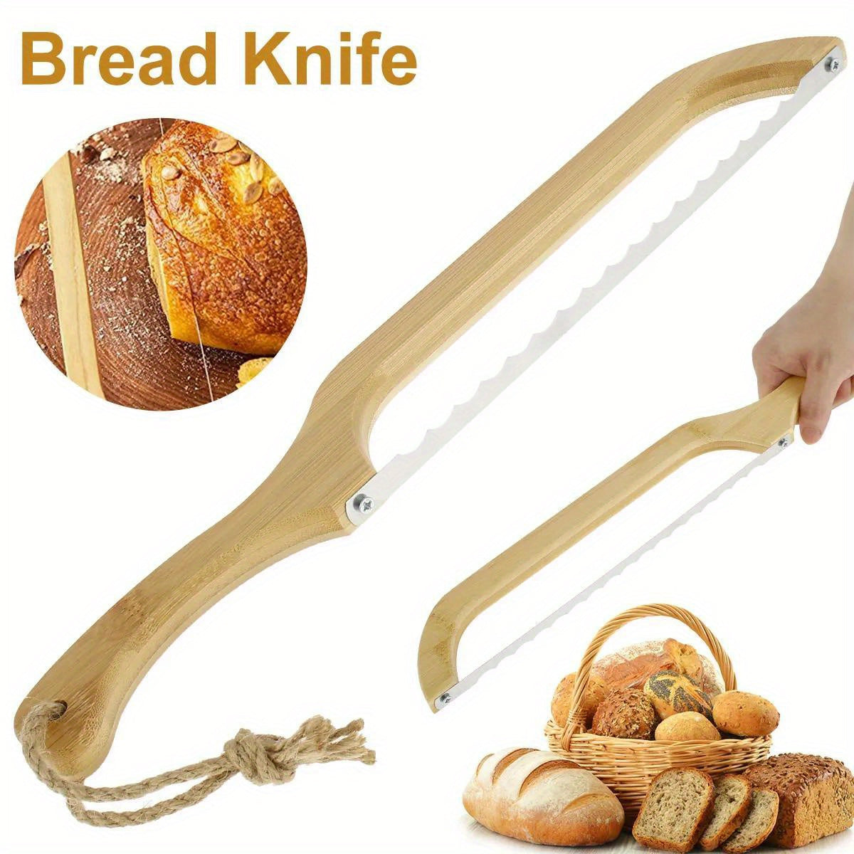 Ergonomic wooden bread cutter with serrated stainless steel blade ideal for sourdough bagels