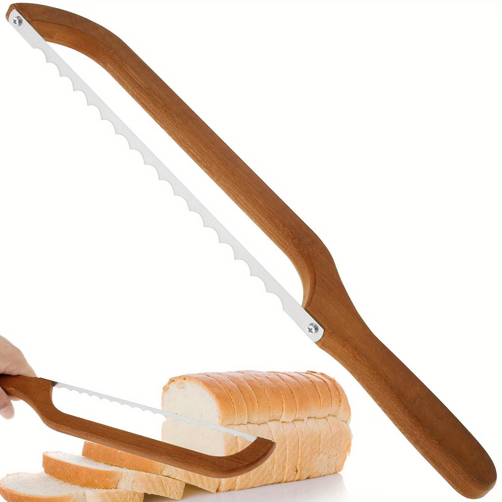 Ergonomic wooden bread cutter with serrated stainless steel blade ideal for sourdough bagels