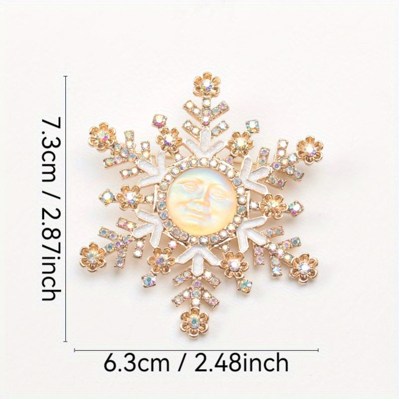 Snowflake Brooch with Sun and Moon Design Rhinestones Enamel for Winter and Autumn