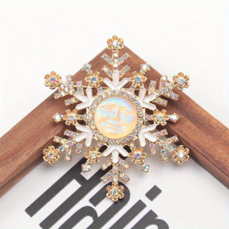 Snowflake Brooch with Sun and Moon Design Rhinestones Enamel for Winter and Autumn