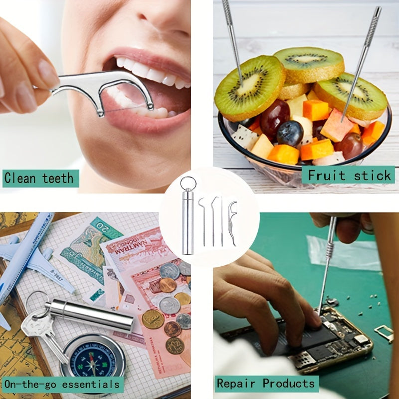 Juego de 4 palillos de dientes reutilizables de acero inoxidable para limpieza profunda con caja de almacenamiento