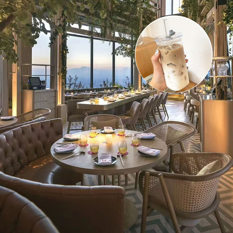 Square Glass Coffee Mug 400ml with Lid and Straw Clear Drinkware for Iced Coffee