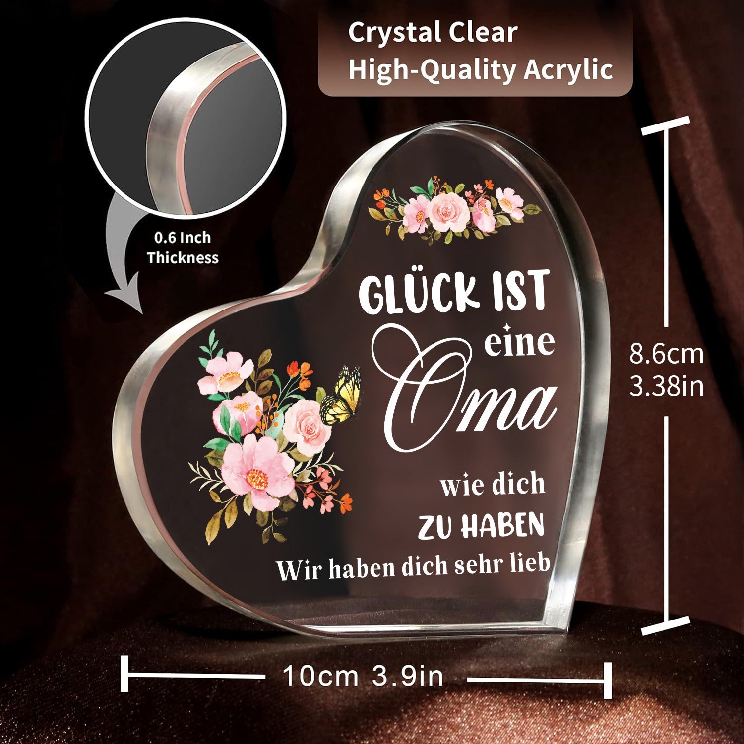 Сердцевидная акриловая табличка с гравированным дизайном для бабушки - идеальный подарок на дни рождения, Рождество и День благодарения. Имеет цветочный дизайн и может использоваться как декоративный пресс для бумаги.