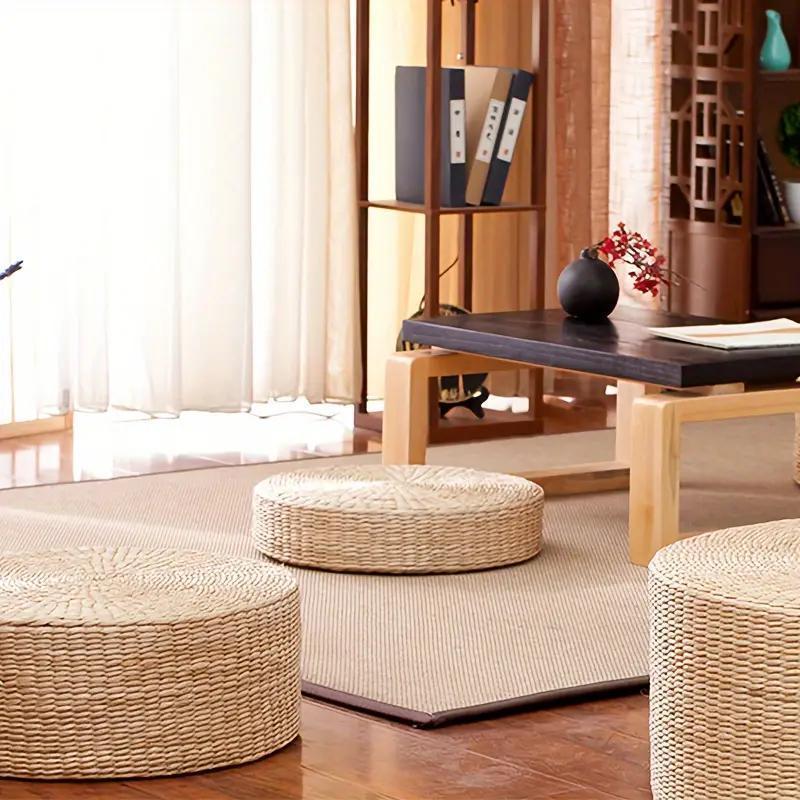 Handmade Woven Pouf Ottoman with Tray Top, Grass Fiber, Dual-Function Seat