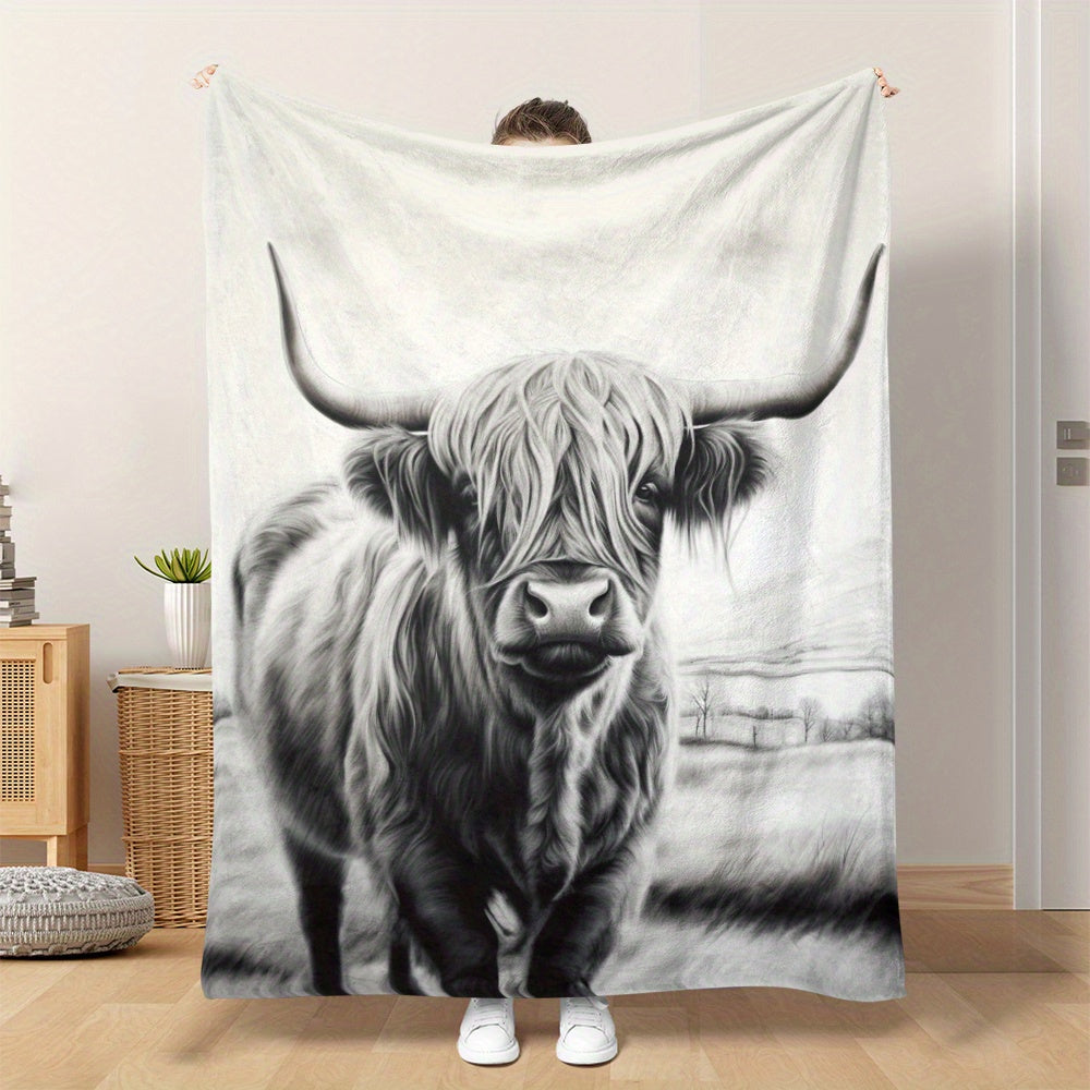 Warm Highland Cattle Print Flannel Blanket for Naps Camping Travel Home Decor
