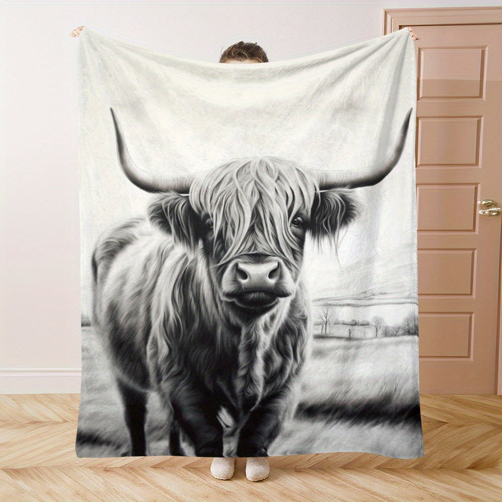 Warm Highland Cattle Print Flannel Blanket for Naps Camping Travel Home Decor