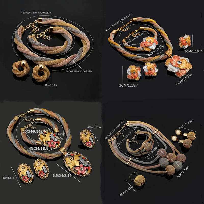 Conjunto de joyería nupcial: collar, pendientes, anillo, pulsera, cristales de imitación, aleación de zinc, accesorios de boda