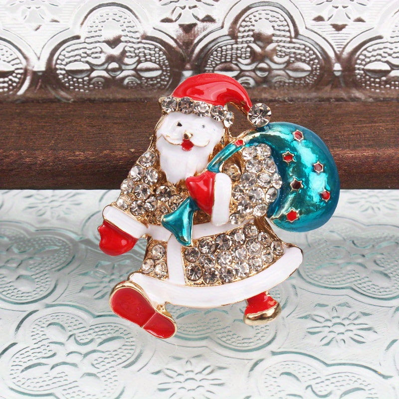 Vintage Santa Claus Brooch Pin with Sparkling Crystals Irregular Shape Holiday Accessory