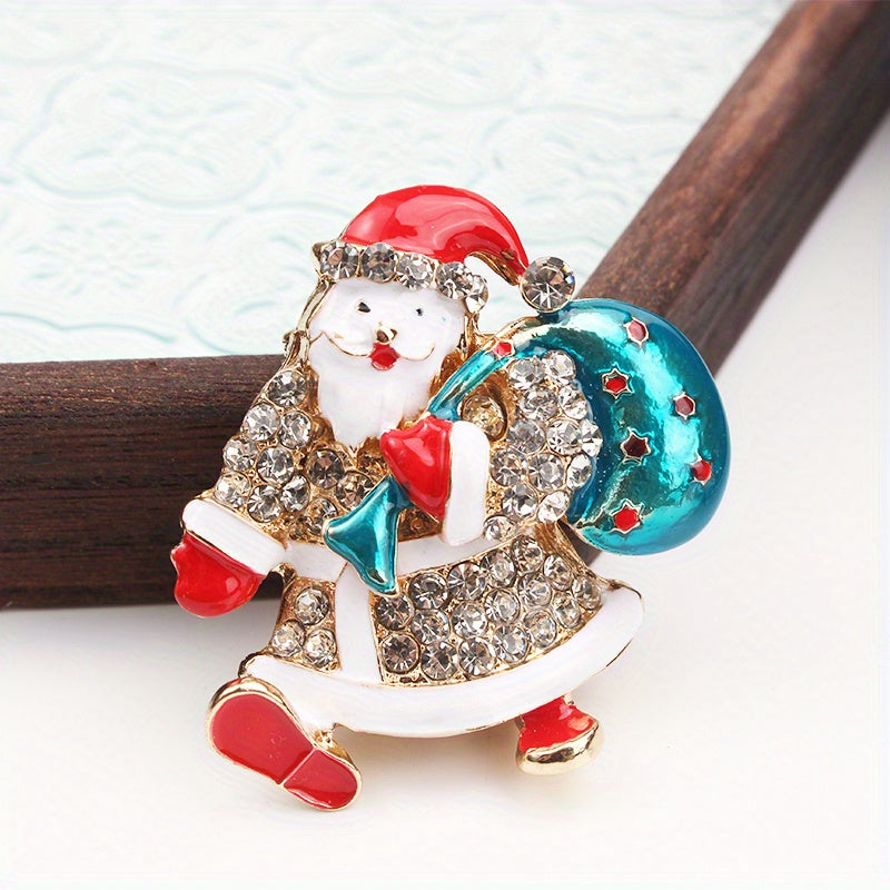 Vintage Santa Claus Brooch Pin with Sparkling Crystals Irregular Shape Holiday Accessory