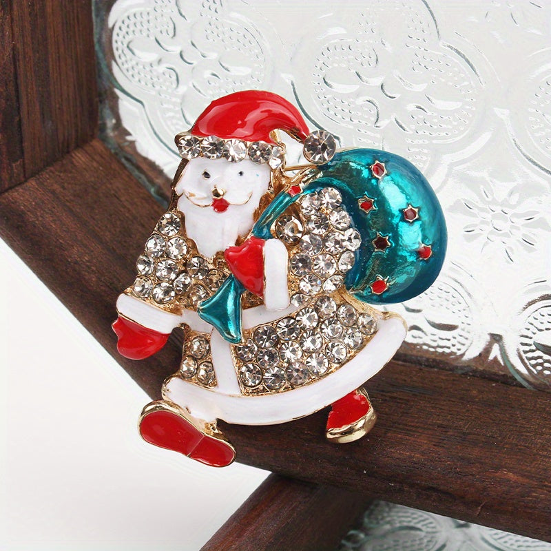 Vintage Santa Claus Brooch Pin with Sparkling Crystals Irregular Shape Holiday Accessory