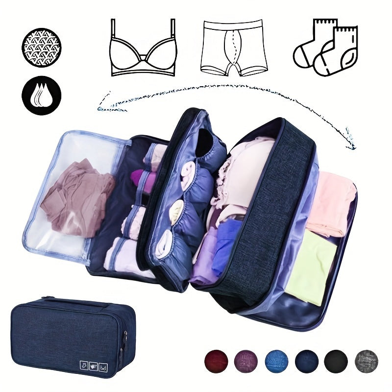 Poliesterdan tayyorlangan sayohat ichki kiyimlarni tashkil etuvchi sumka qora/bo'roni/qizil ranglarda, qo'l bilan yuvish yoki professional quruq tozalash ko'rsatmalari bilan. Brass, paypoqlar va joyni tejovchi joylash uchun ideal.