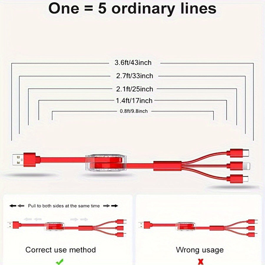 Multi-Device USB Charging Cable Flat PVC Compatible with iPhone, Samsung, Honor, Realme, Xiaomi
