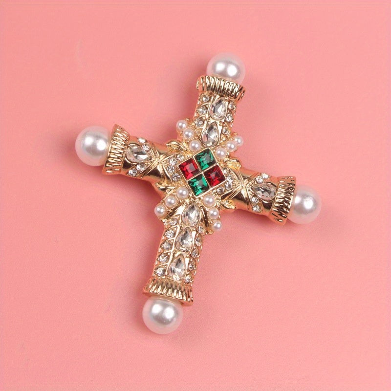 Vintage Baroque Cross Brooch Pin with Rhinestones and Pearls Religious Jewelry