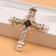 Vintage Baroque Cross Brooch Pin with Rhinestones and Pearls Religious Jewelry
