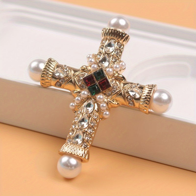 Vintage Baroque Cross Brooch Pin with Rhinestones and Pearls Religious Jewelry