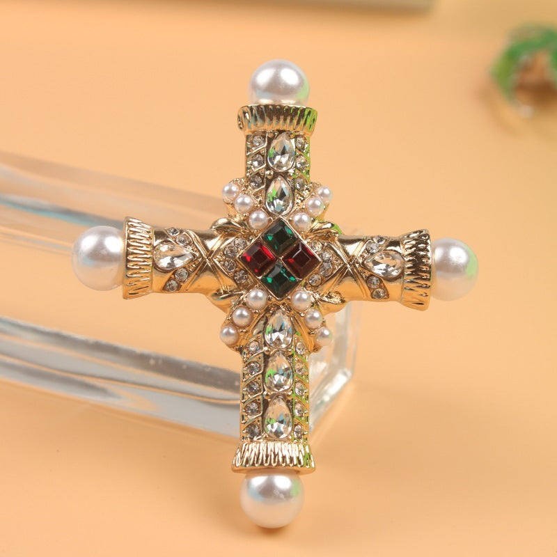 Vintage Baroque Cross Brooch Pin with Rhinestones and Pearls Religious Jewelry