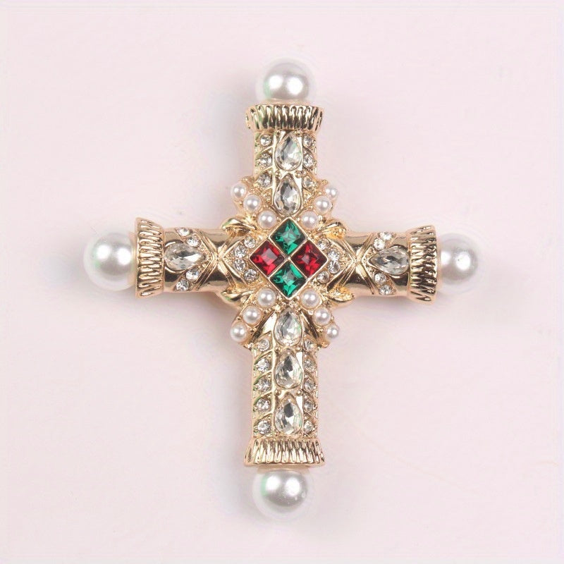 Vintage Baroque Cross Brooch Pin with Rhinestones and Pearls Religious Jewelry