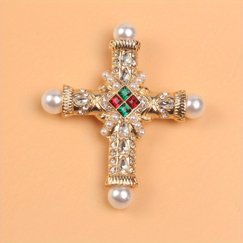 Vintage Baroque Cross Brooch Pin with Rhinestones and Pearls Religious Jewelry
