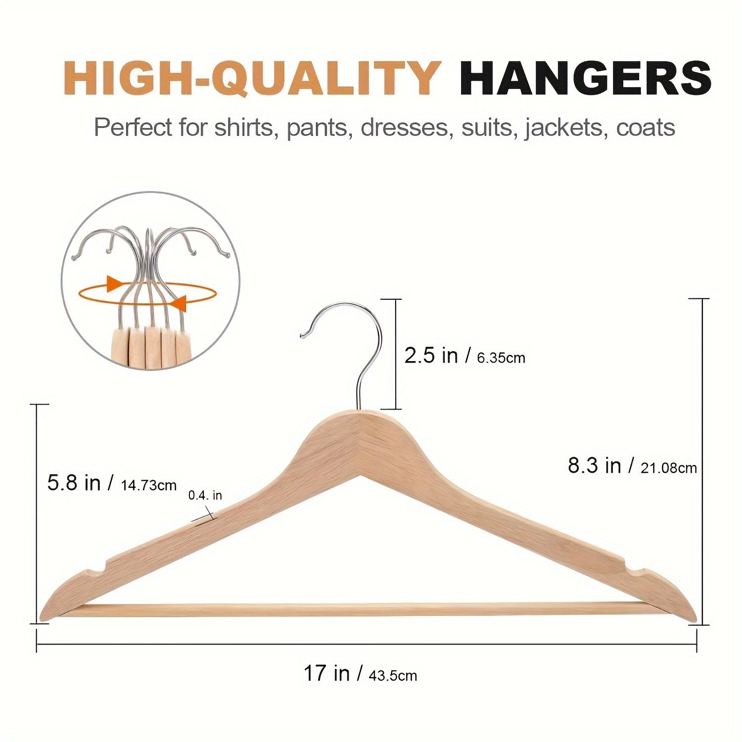 Pack de 10 perchas de madera con ganchos giratorios de cromo, acabado lacado, con muescas para camisas, abrigos, chaquetas y vestidos