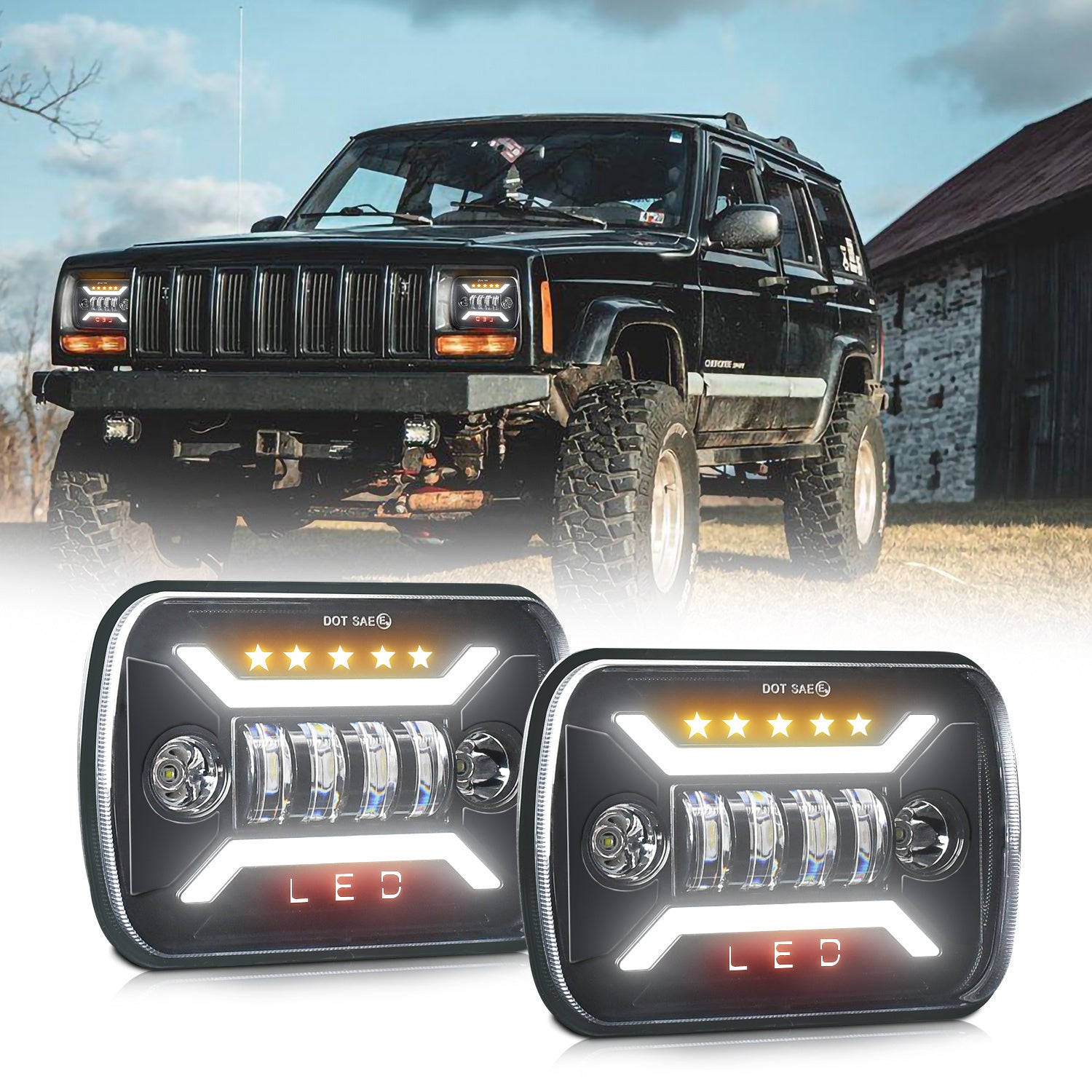 7-Inch Aluminum LED Headlight for Off-Road Vehicles with Yellow Accent