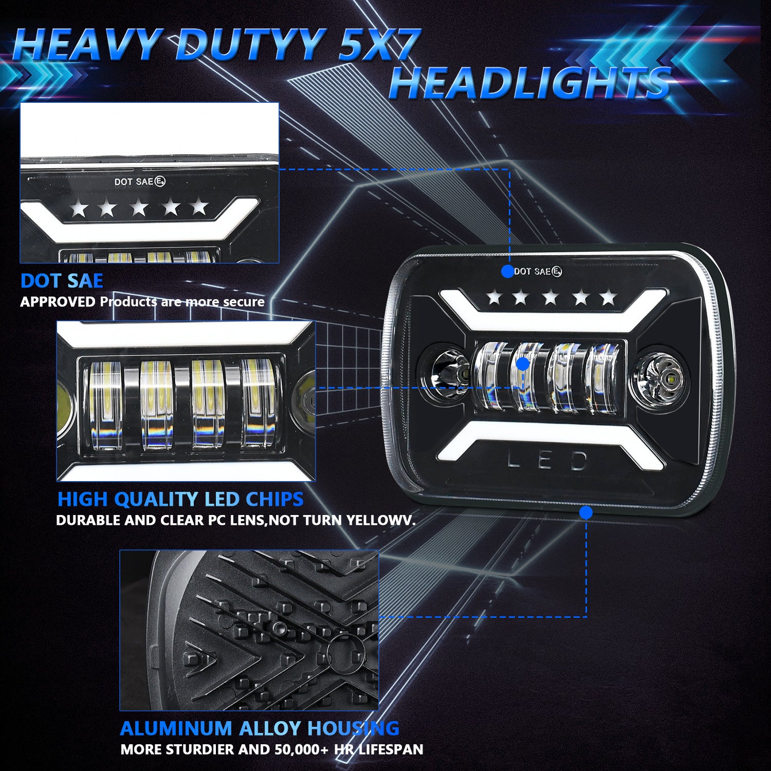 7-Inch Aluminum LED Headlight for Off-Road Vehicles with Yellow Accent