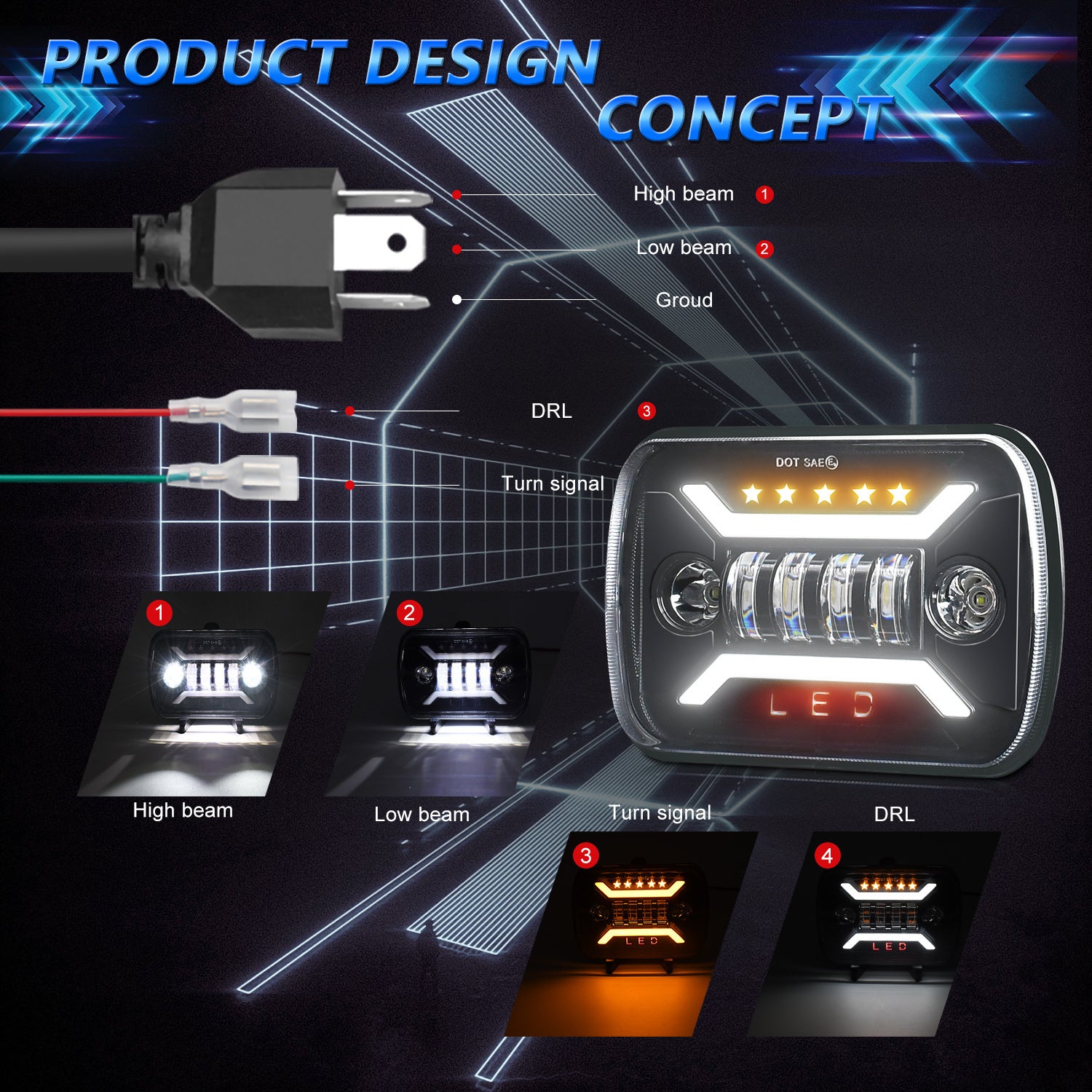 7-Inch Aluminum LED Headlight for Off-Road Vehicles with Yellow Accent