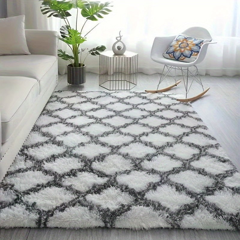 Alfombra de área de felpa gris y blanca grande, antideslizante, de poliéster suave, rectangular