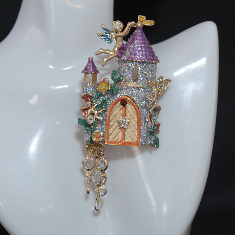 Vintage Medieval Fairy Tale Castle Brooch with Crystal Details