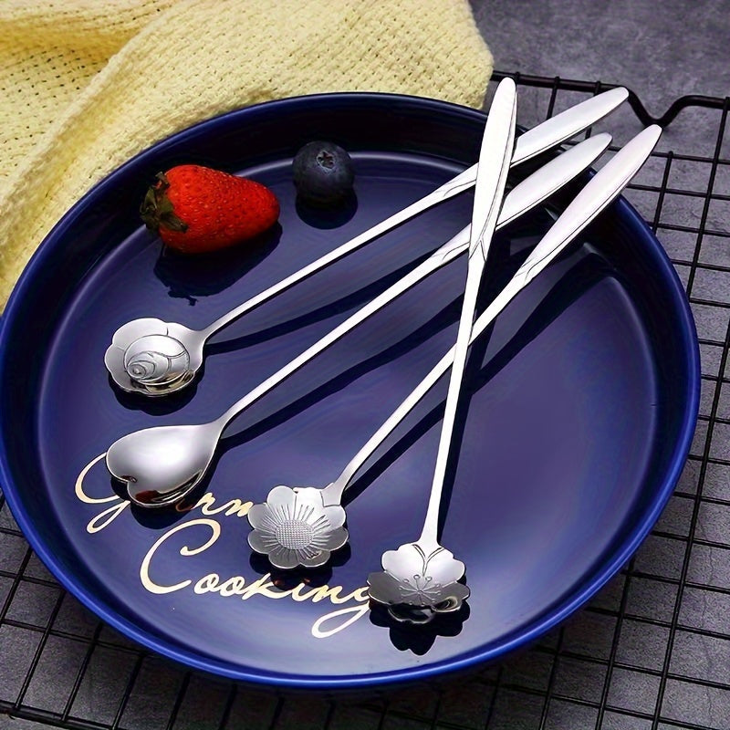 4pcs Stainless Steel Dessert Spoons with Flower and Heart Design for Coffee and Ice Cream