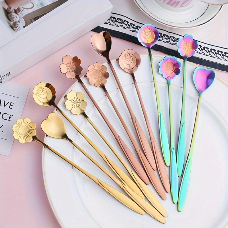 4pcs Stainless Steel Dessert Spoons with Flower and Heart Design for Coffee and Ice Cream