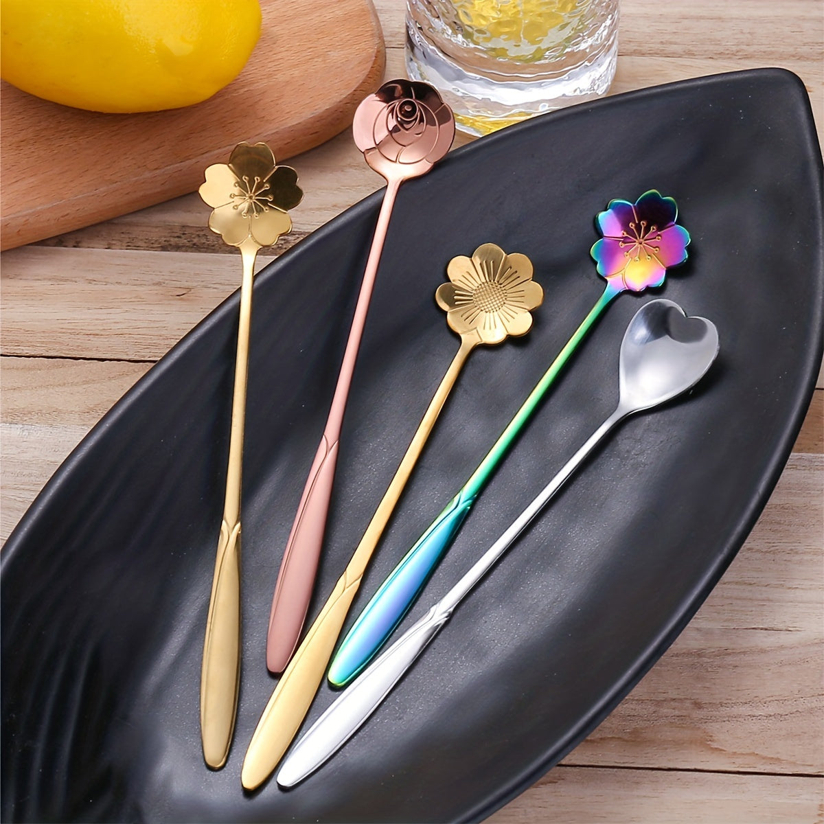 4pcs Stainless Steel Dessert Spoons with Flower and Heart Design for Coffee and Ice Cream