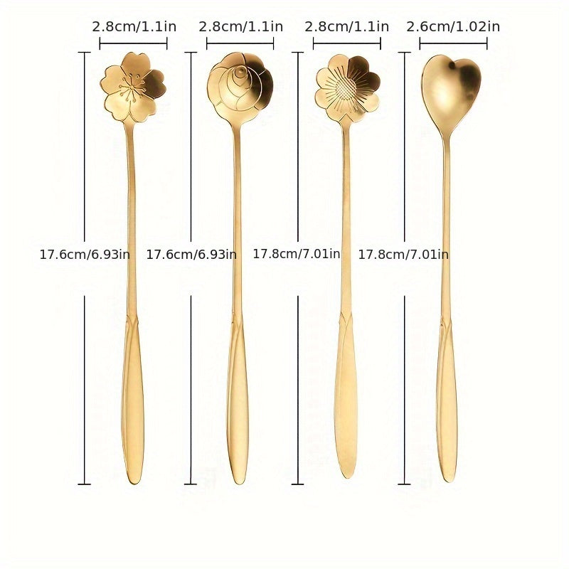 4pcs Stainless Steel Dessert Spoons with Flower and Heart Design for Coffee and Ice Cream