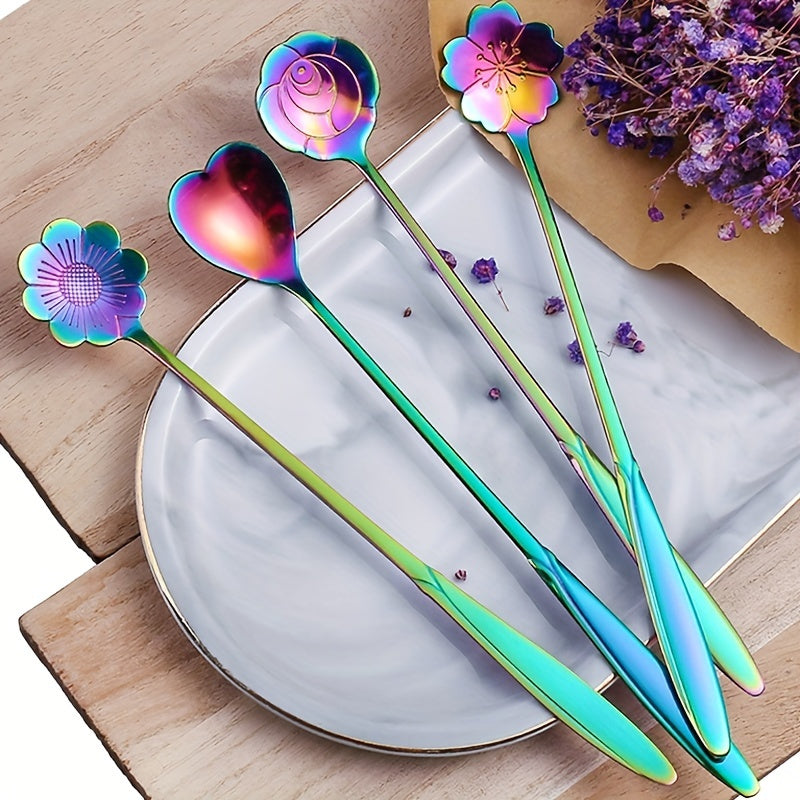 4pcs Stainless Steel Dessert Spoons with Flower and Heart Design for Coffee and Ice Cream