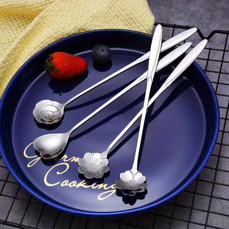 4pcs Stainless Steel Dessert Spoons with Flower and Heart Design for Coffee and Ice Cream