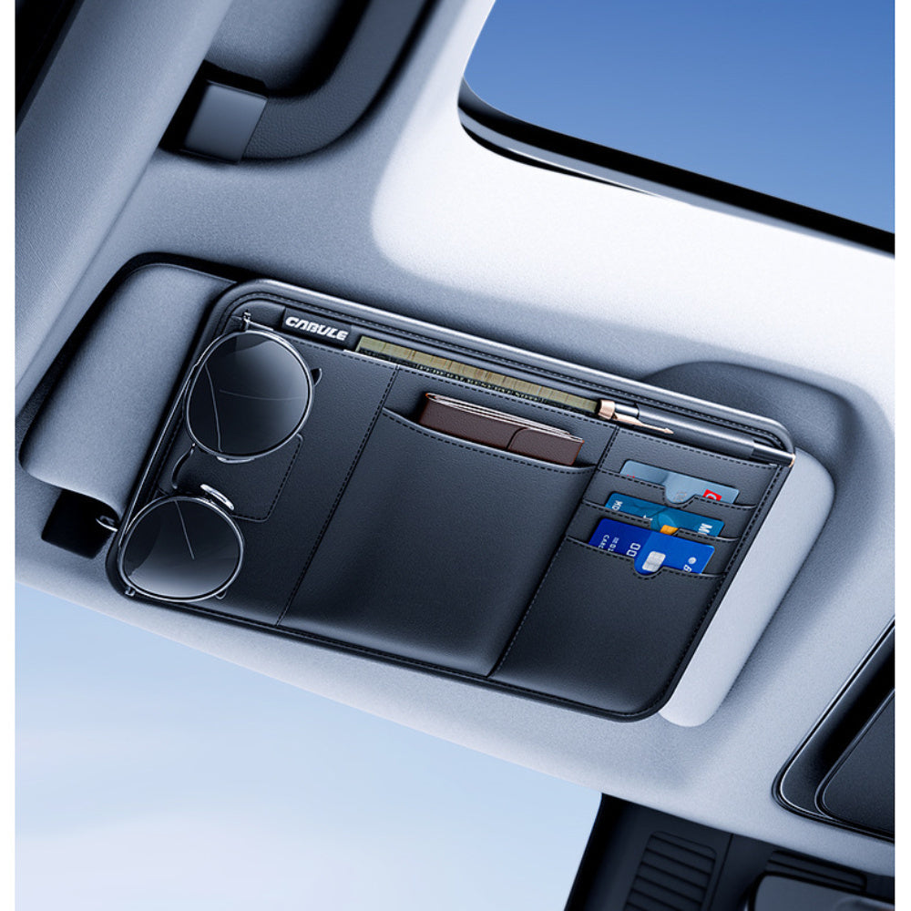 Organizador de parasol para coche negro PVC con múltiples bolsillos para gafas, tarjetas, licencia
