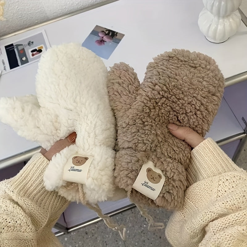 Women's Fleece Mittens with Bear Print Warm Thick Polyester Casual Winter Accessories