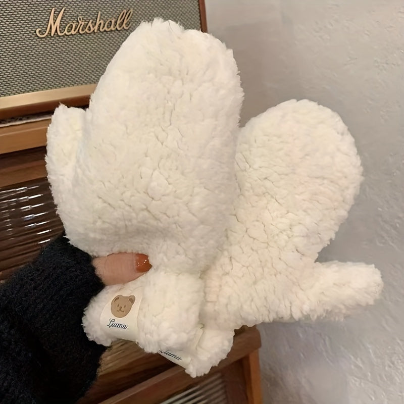 Women's Fleece Mittens with Bear Print Warm Thick Polyester Casual Winter Accessories