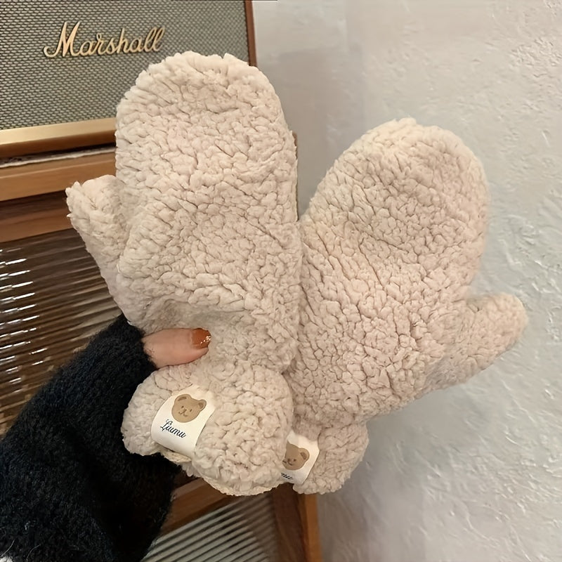 Women's Fleece Mittens with Bear Print Warm Thick Polyester Casual Winter Accessories