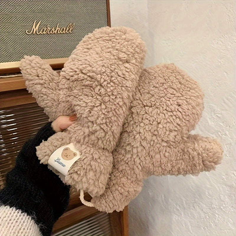 Women's Fleece Mittens with Bear Print Warm Thick Polyester Casual Winter Accessories