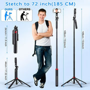 182.88cm Extendable Selfie Stick Tripod with Wireless Remote Aluminum Alloy for Vlogging and Streaming