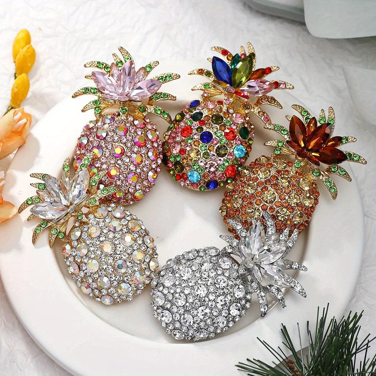 Crystal Pineapple Brooch with Rhinestones and High-End Design