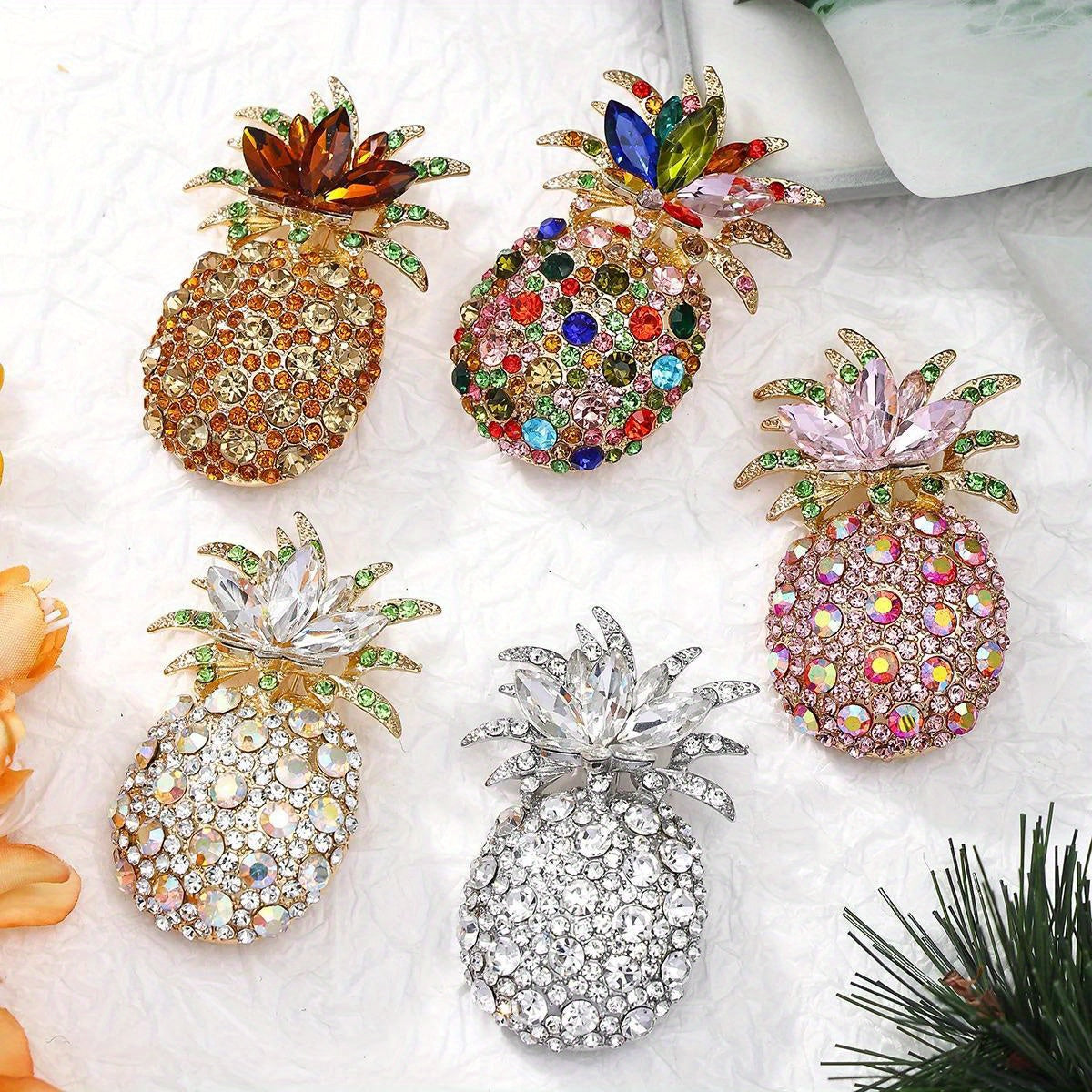 Crystal Pineapple Brooch with Rhinestones and High-End Design