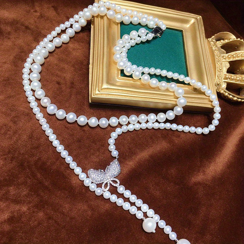 Freshwater Pearl Necklace with Vintage Butterfly Pendant for Women