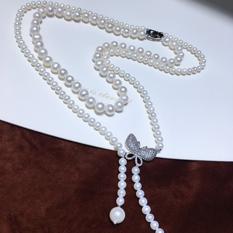 Freshwater Pearl Necklace with Vintage Butterfly Pendant for Women