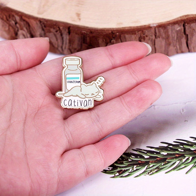 Vintage Cat Napping Pin Badge with Medicine Bottle Design for Collars and Backpacks