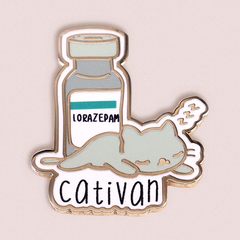 Vintage Cat Napping Pin Badge with Medicine Bottle Design for Collars and Backpacks