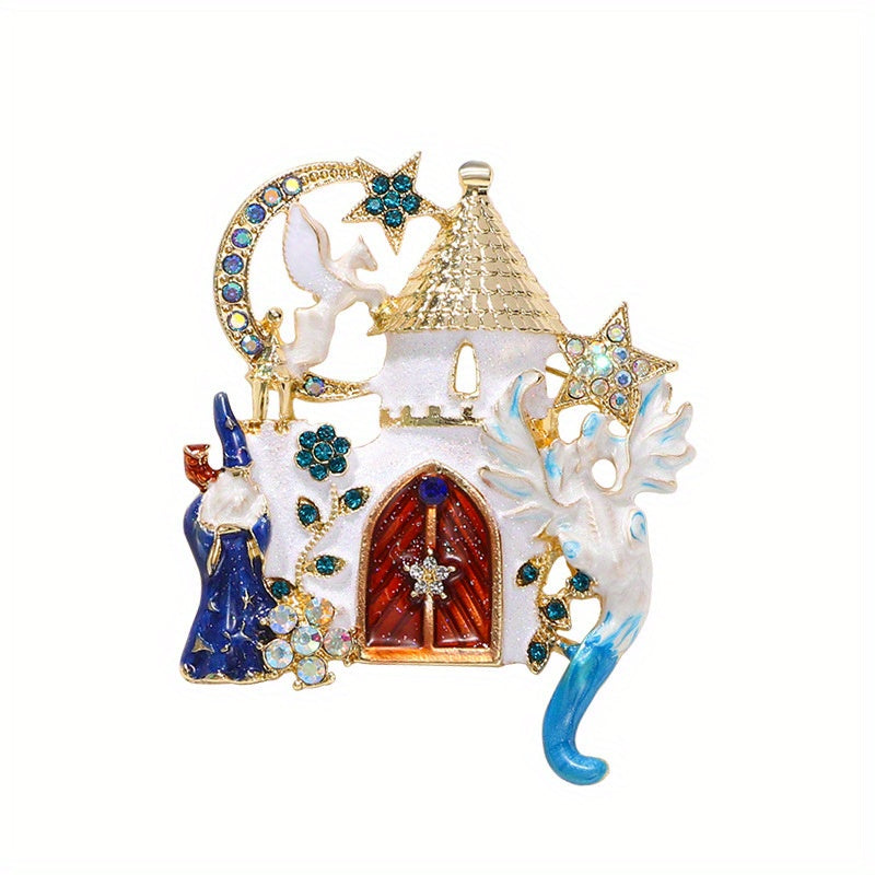 Unisex Vintage Castle Brooch Pin with Rhinestone and Enamel Detailing