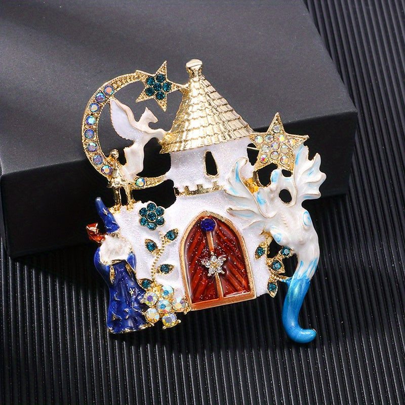 Unisex Vintage Castle Brooch Pin with Rhinestone and Enamel Detailing