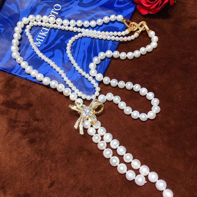 Tabiiy shirin suv marvaridlari bilan bezatilgan zamonaviy Y-zanjir, yoqimli dizayn, har kuni kiyish uchun mukammal, 14-fevral va Onalar kunida sovg'a berish uchun ajoyib.