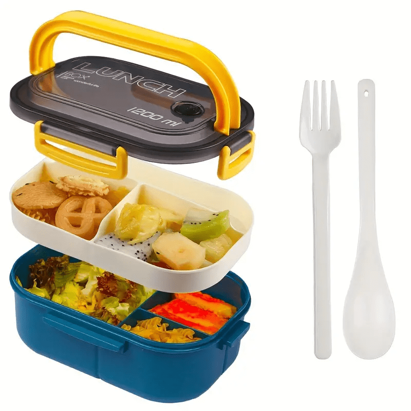 2-Layer Plastic Bento Box Set with Fork and Spoon 1200ML Leakproof Lunch Container for Kids and Adults